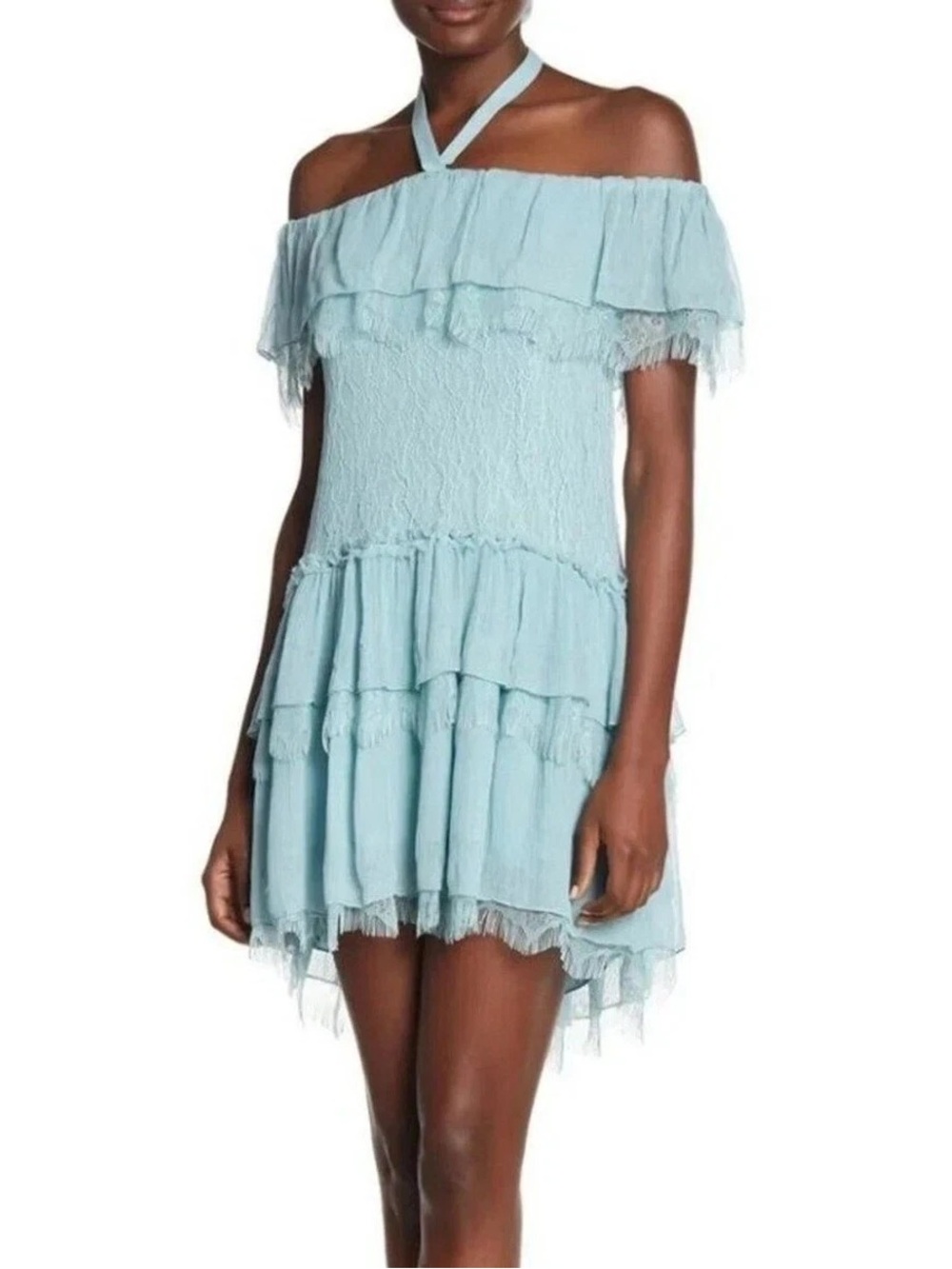 Alice + Olivia Light Blue Off The Shoulder Tiered Mini Dress